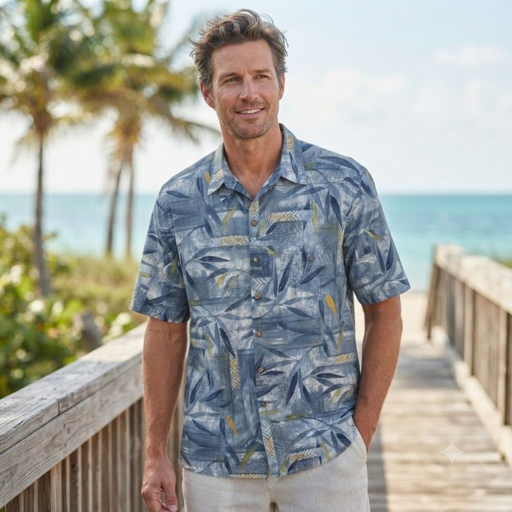 Bamboo Cay Blue Palm Leaf Hawaiian Camp Shirt Men Large Cotton Lawn Resort Shirt